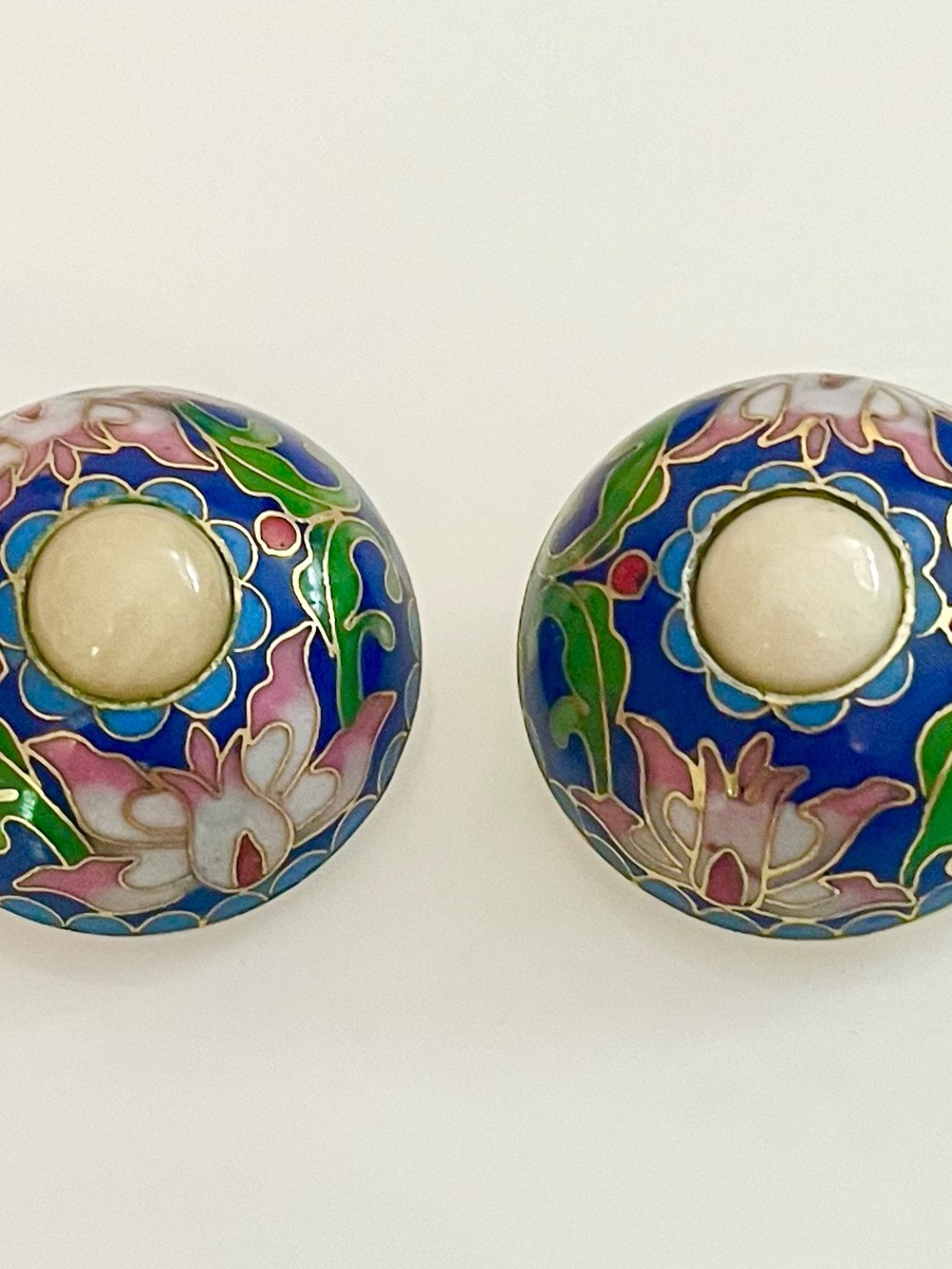 Round Enamel Cloisonné Floral Dome Clip-on Earrings, Brass Setting, Artist-Made